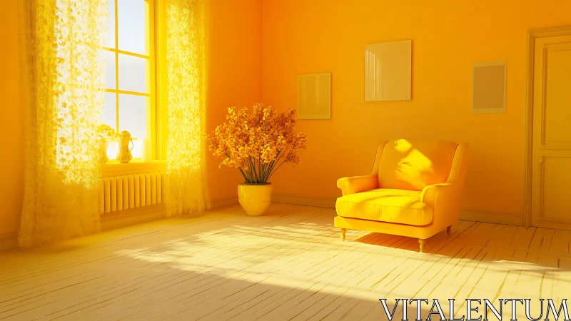 Monochromatic yellow interior with armchair and window.
