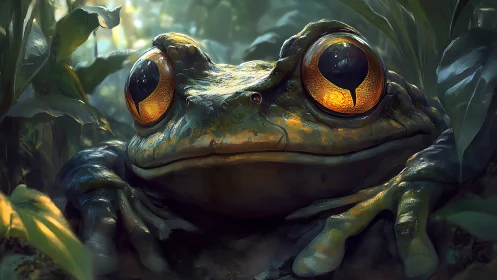 Emerald jungle frog with lantern eyes in moody misty light.