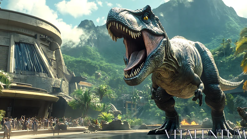 Roaring T‑Rex storms futuristic jungle park plaza in daylight