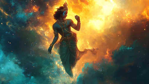 Cosmic deity figure dancing through radiant nebula light.