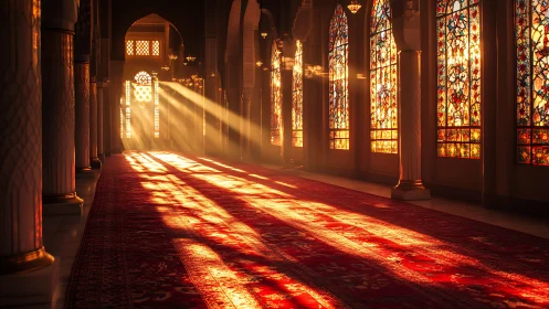 Sunlit mosque interior with stained glass windows and red carpet