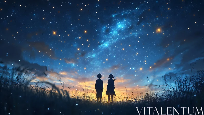 Stargazing silhouettes under luminous twilight cosmos.