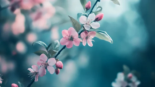 Delicate Pink Blossoms with Teal Bokeh Background.