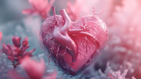 Anatomical Heart Sculpture in Coral Pink Reef Environment.