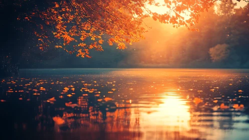 Golden autumn sunset glows softly across a tranquil lake
