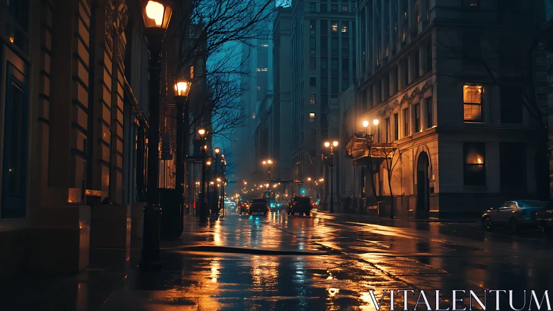 Rain-slicked city street hums softly beneath amber fog