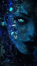 Neon cybernetic muse gazes through circuitry twilight.