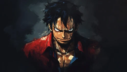 Intense anime hero emerges from dark painterly shadows.