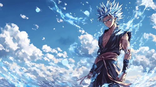 Stormborn anime warrior channeling blue celestial energy.