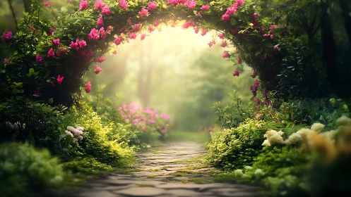 Enchanted Garden Pathway with Blossoming Floral Arch in Soft Light.