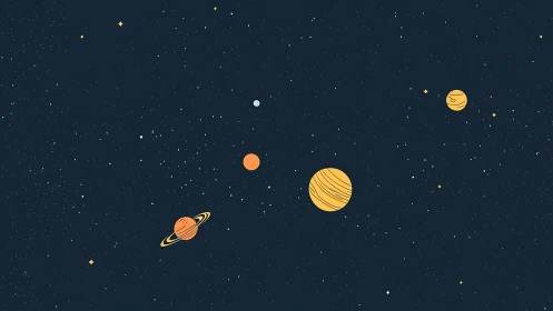 Minimalist space scene with stylized planets and stars.