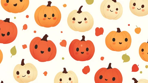 Kawaii pumpkin pattern with smiling faces and autumn leaves.