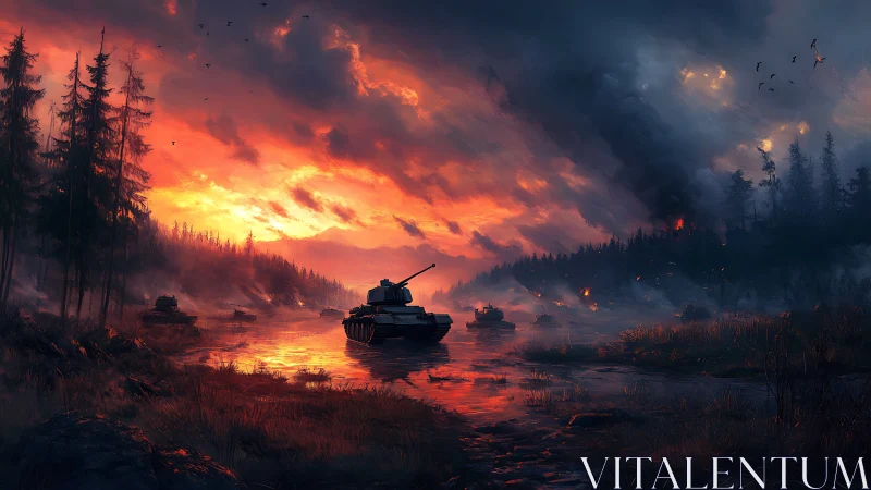 Tanks creep through ember skies and smoke-drowned marshlands.