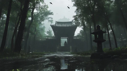 Misty forest gate and lone wanderer after the rainfall.