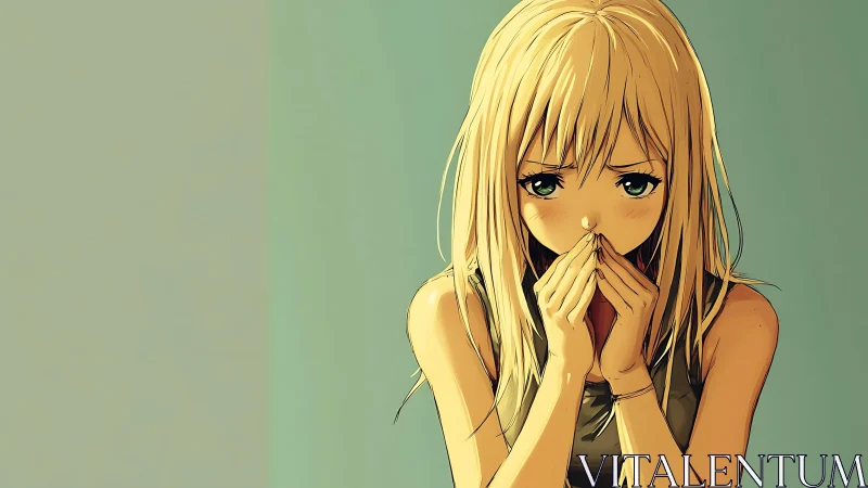 Soft-spoken anime girl cupping fragile worries in silence.