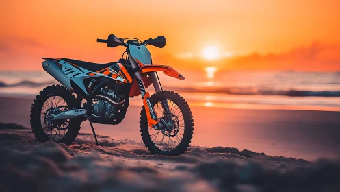 Off-road motorcycle on coastal beach at orange sunset.