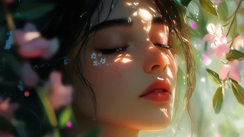 Sunlit girl with closed eyes breathes among soft spring blossoms