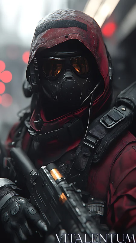 Tactical operator in red hooded armor with respirator and carbine