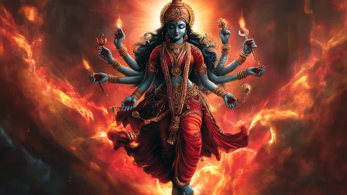 Multi-armed blue-skinned deity figure amid swirling fire.