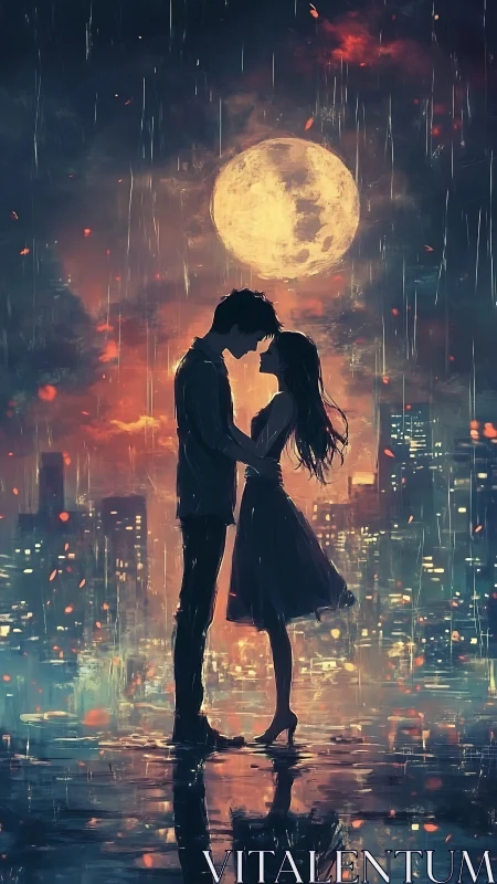 Silhouetted couple beneath overscale moon.