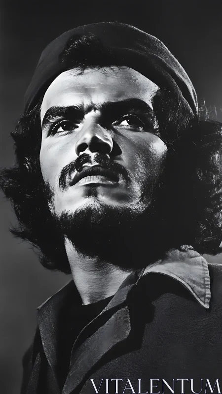 High-contrast monochrome portrait under upward raked lighting.