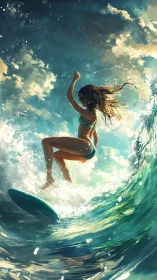Dynamic low-angle surf portrait captures airborne female rider