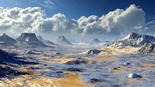 Cryogenic dune basin with geodesic outpost domes under cumulus.