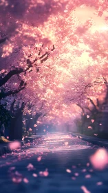 Romantic cherry blossom street glows in dreamy spring light.