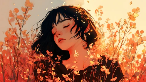 Softly dreaming girl rests in a warm golden flower field