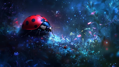 Moonlit ladybug giants wander through a neon flower forest.