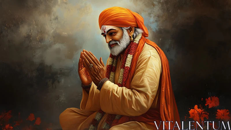 Digital painting of Hindu saint in orange robes praying.