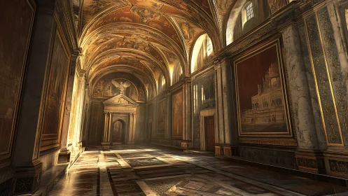Renaissance arcade corridor rendered with volumetric golden light