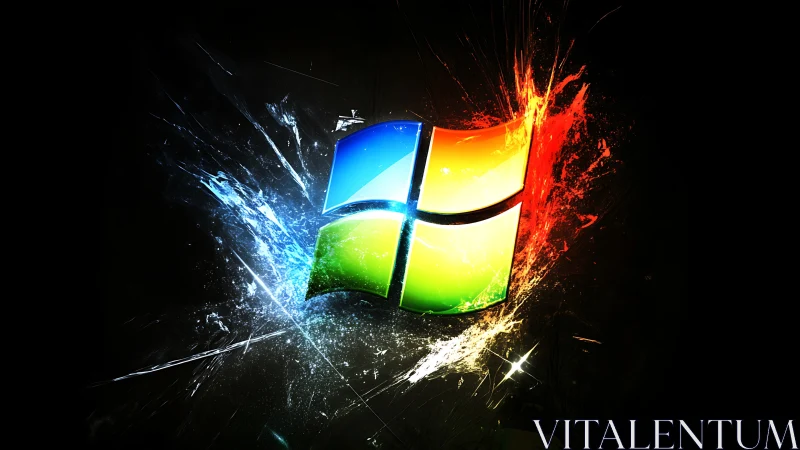 Explosive neon window emblem shattering through digital night.