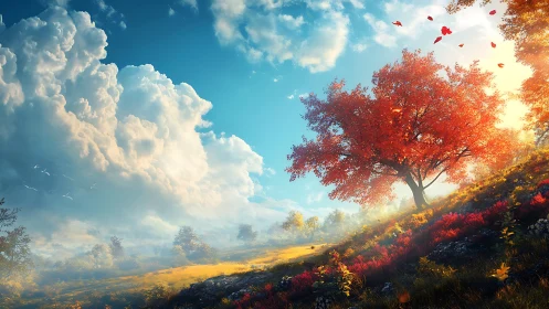 Crimson tree on windswept hillside beneath towering clouds.