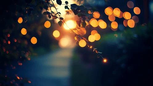 Twilight branch hums softly beneath wandering city bokeh