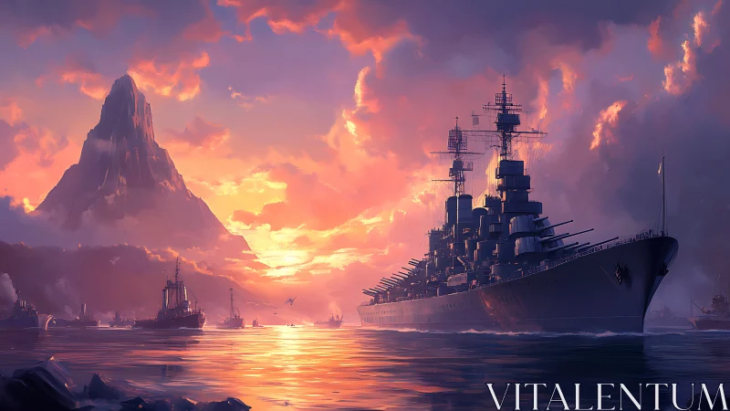 Sunset harbor with towering battleship and quiet mountain bay.