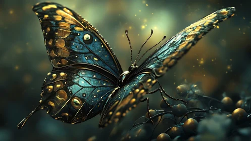 Bioluminescent macro butterfly rendered with cinematic depth of field.