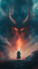 Armored warrior confronts colossal fiery dragon apparition