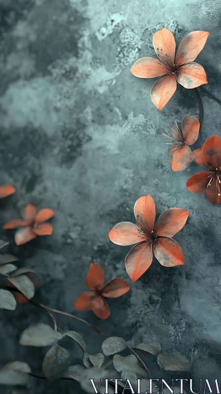 Rust-Colored Flowers Against Weathered Teal Stone Surface.