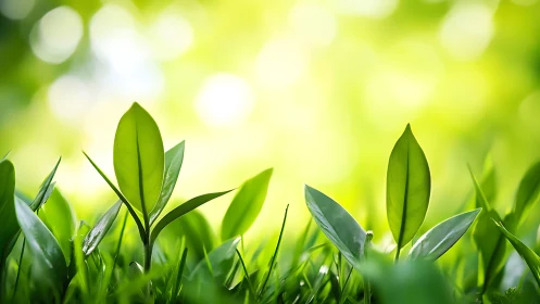 Young green seedlings glow under soft morning bokeh light.