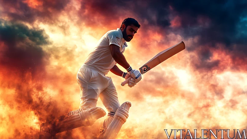 Cricket batter drives ball through explosive sunset sky