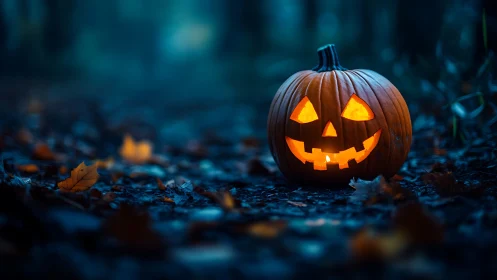 Carved jack-o’-lantern glows on moody forest floor at dusk.