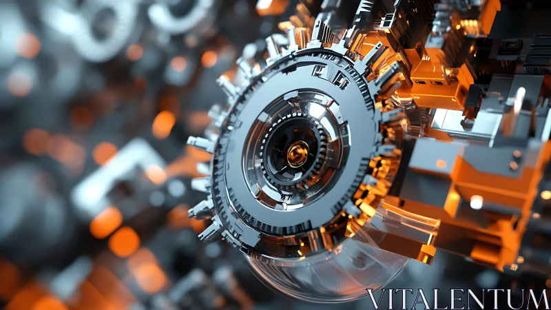 High-detail rotary mech core shows reflective alloys and emissive orange