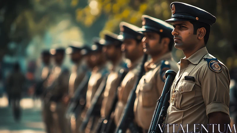 Police officers stand in ceremonial line under soft light.
