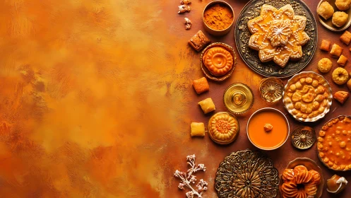 Indian festival sweets arranged on rich golden backdrop.