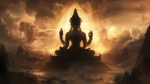 Seated deity silhouette is centered against luminous cloud mass