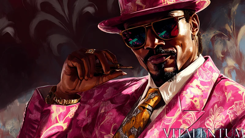 Digital portrait of man in patterned pink suit and hat.