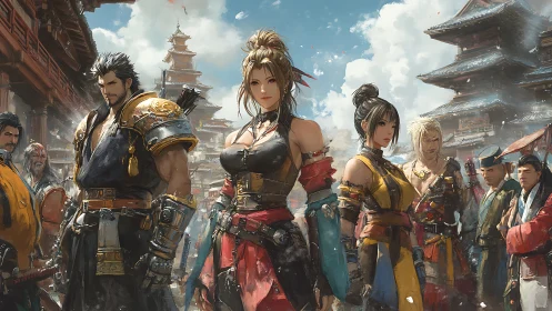 Heroic fantasy warriors in crowded Edo street tableau.