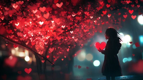 Silhouetted Figure Clutching Luminescent Heart Amid Cascading Red Bokeh.