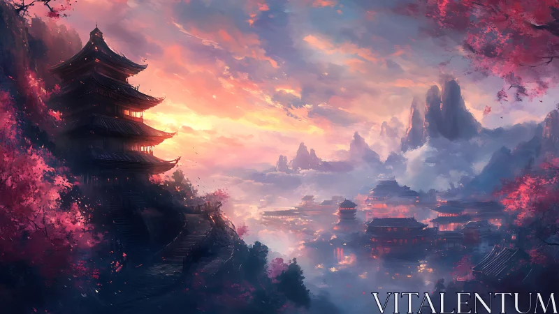 Sunset-illuminated pagoda skyline overlooks misted valley city